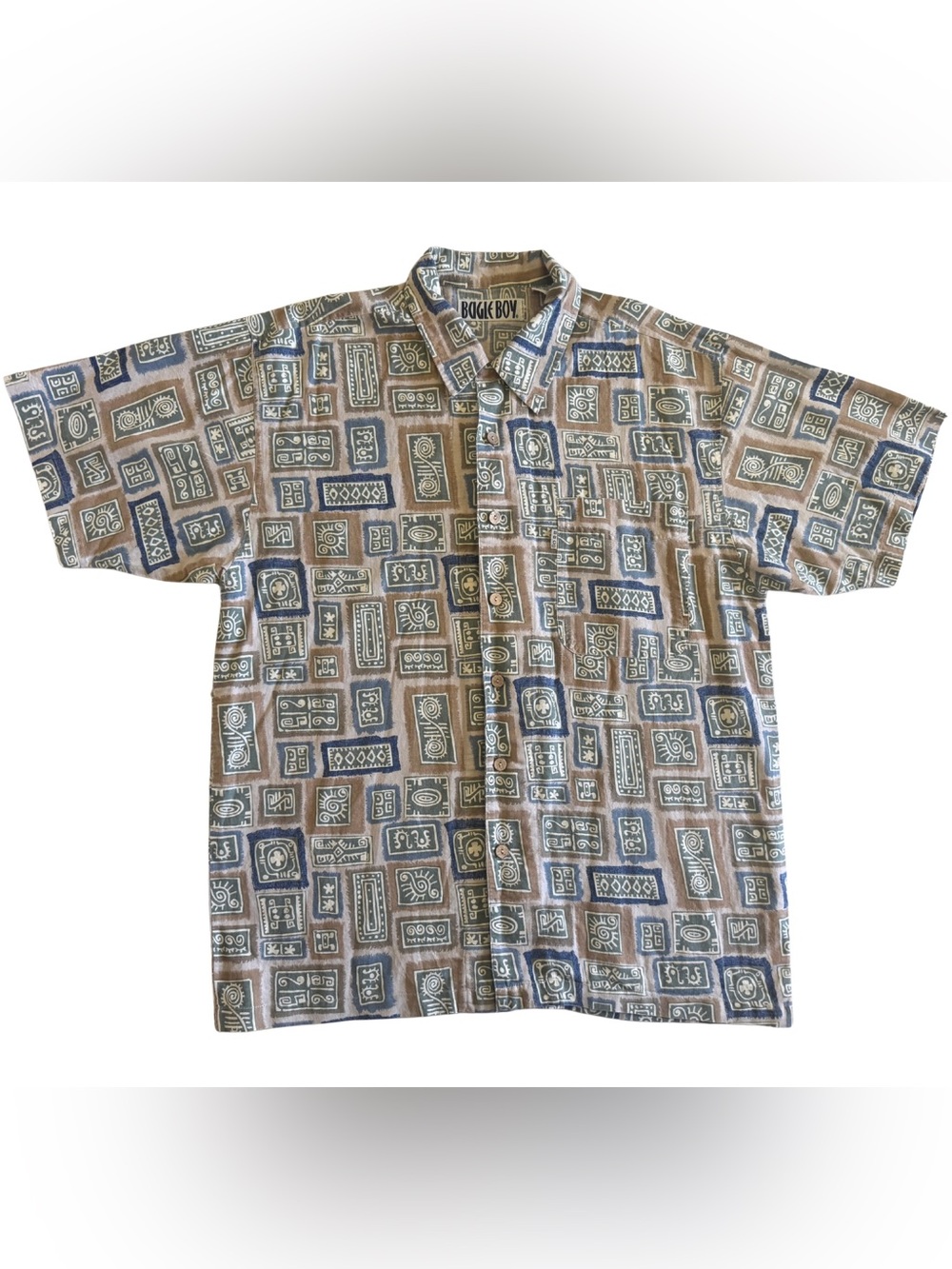 Vintage Bugle Boy Shirt Mens XL Abstract Geometric Tribal 90s Ramie Cotton SS